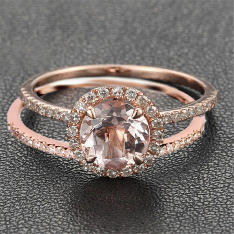 1.17 CT Round Cut Morganite Diamond 925 Sterling Silver Halo Wedding Bridal Ring Set
