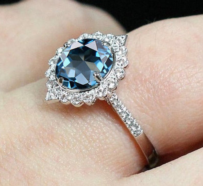 4 CT Round Cut Blue Topaz Diamond 925 Sterling Silver Halo Promise Ring For Women