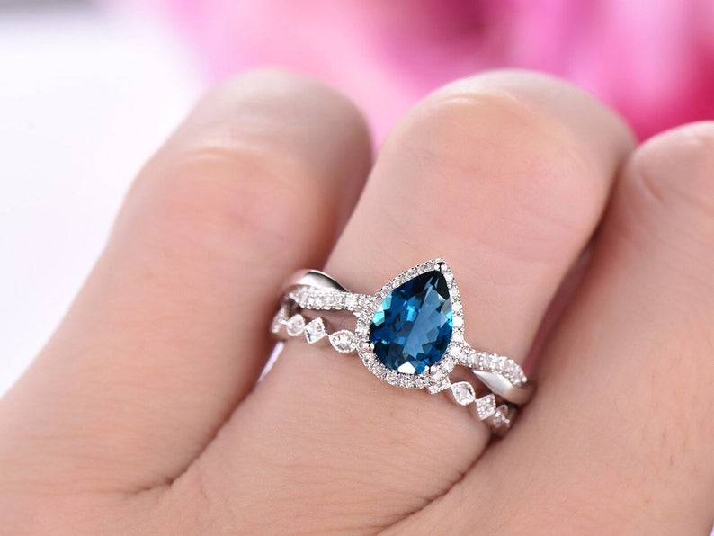 CT Pear Cut London Blue Topaz Diamond 925 Sterling Silver Halo Engagement Bridal Ring Set