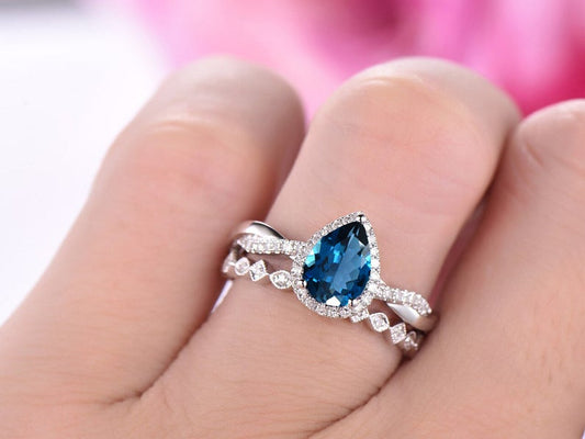 2 CT Pear Cut London Blue Topaz Diamond 925 Sterling Silver Halo Engagement Bridal Ring Set