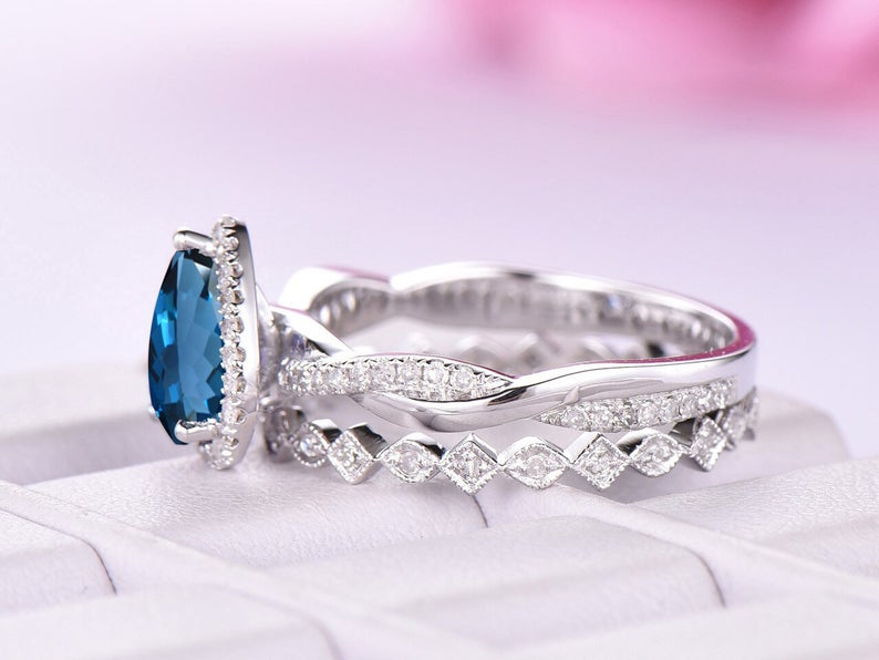 2 CT Pear Cut London Blue Topaz Diamond 925 Sterling Silver Halo Engagement Bridal Ring Set