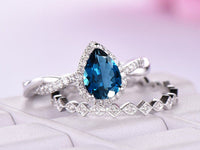 2 CT Pear Cut London Blue Topaz Diamond 925 Sterling Silver Halo Engagement Bridal Ring Set