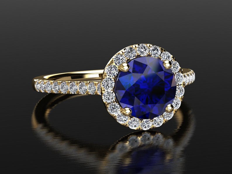 2 CT Round Cut Blue Sapphire Diamond 925 Sterling Silver Halo Wedding Bridal Set