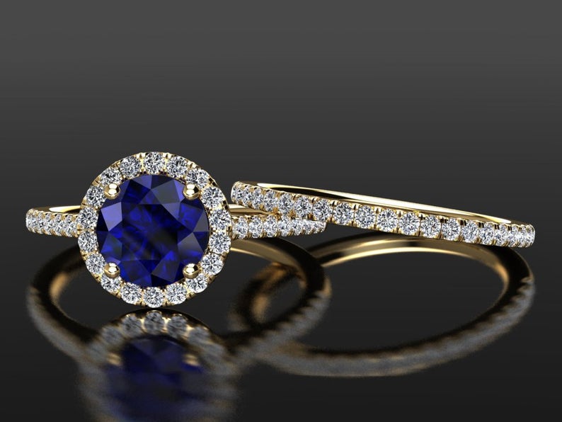 2 CT Round Cut Blue Sapphire Diamond 925 Sterling Silver Halo Wedding Bridal Set