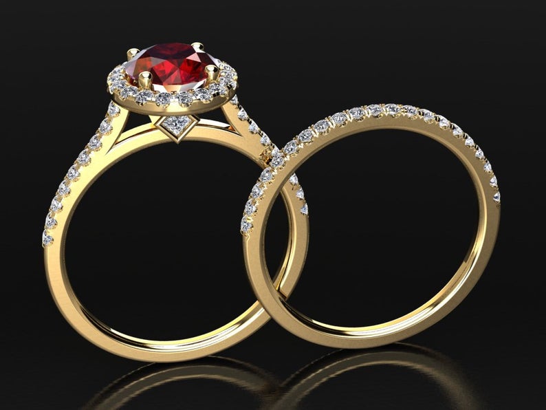 1 CT Round Cut Ruby Diamond Yellow Gold Over On 925 Sterling Silver Halo Wedding Ring Set