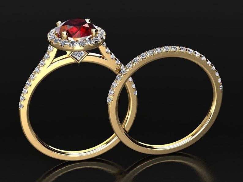 3 CT Round Cut Red Ruby Diamond 925 Sterling Silver Halo Wedding Bridal Set