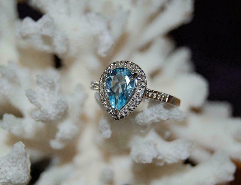 1 CT Pear Cut Blue Topaz Diamond Women Halo Wedding Ring 925 Sterling Silver - atjewels.in