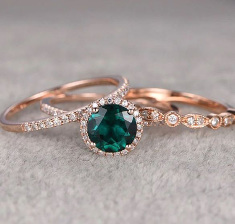 1 CT Round Cut Emerald Diamond 925 Sterling Silver Halo Wedding Trio Ring Set