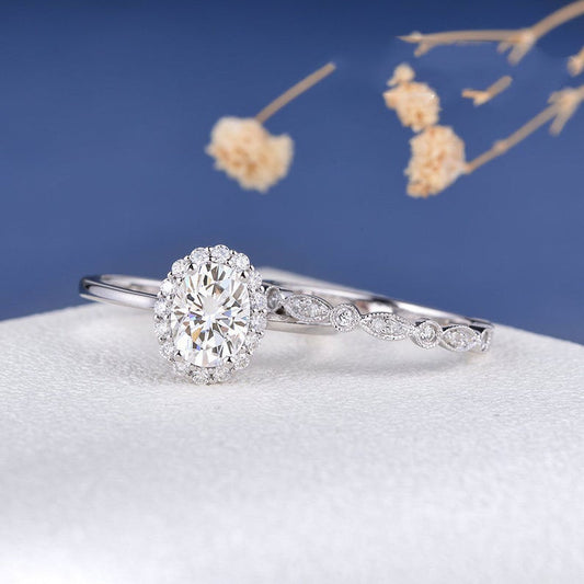 2 CT Oval Cut White Diamond White Gold Over On 925 Sterling Silver Halo Wedding Bridal Ring Set