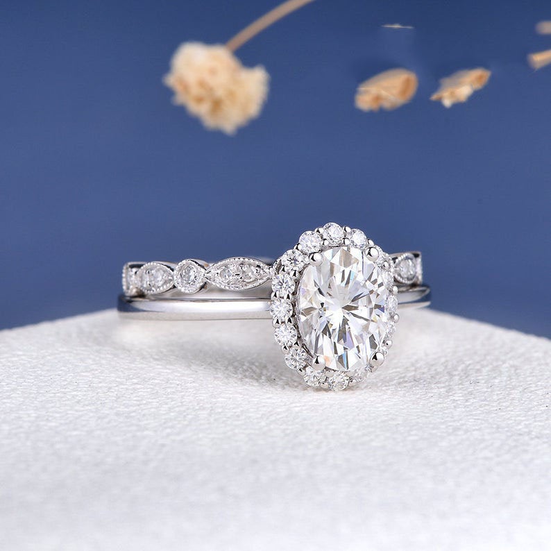 2 CT Oval Cut White Diamond White Gold Over On 925 Sterling Silver Halo Wedding Bridal Ring Set