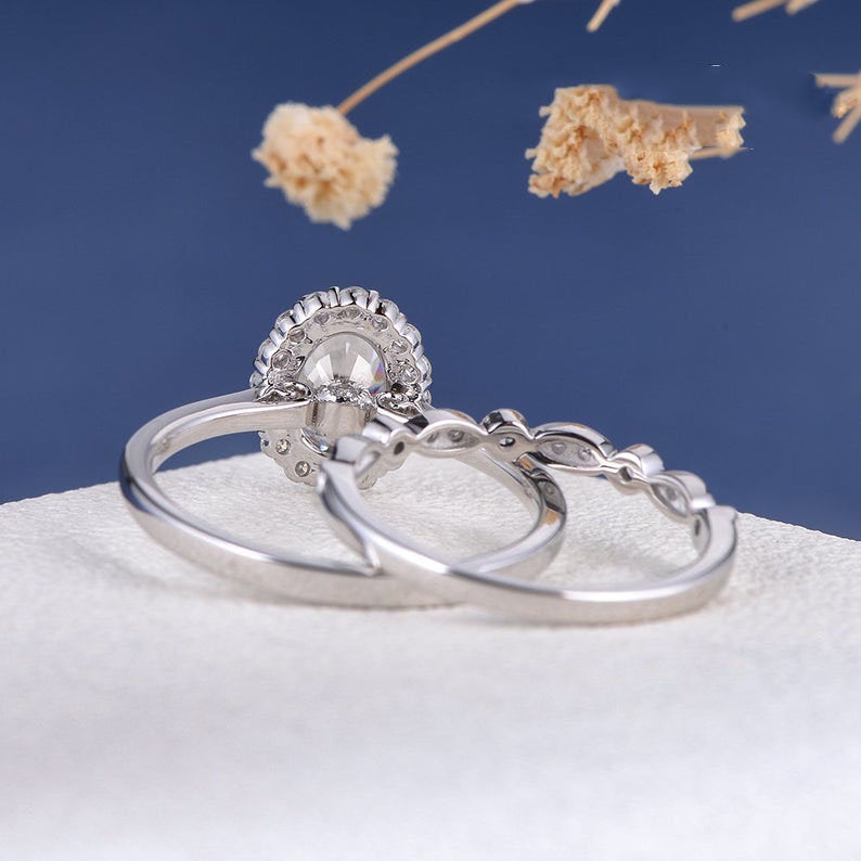 2 CT Oval Cut White Diamond White Gold Over On 925 Sterling Silver Halo Wedding Bridal Ring Set