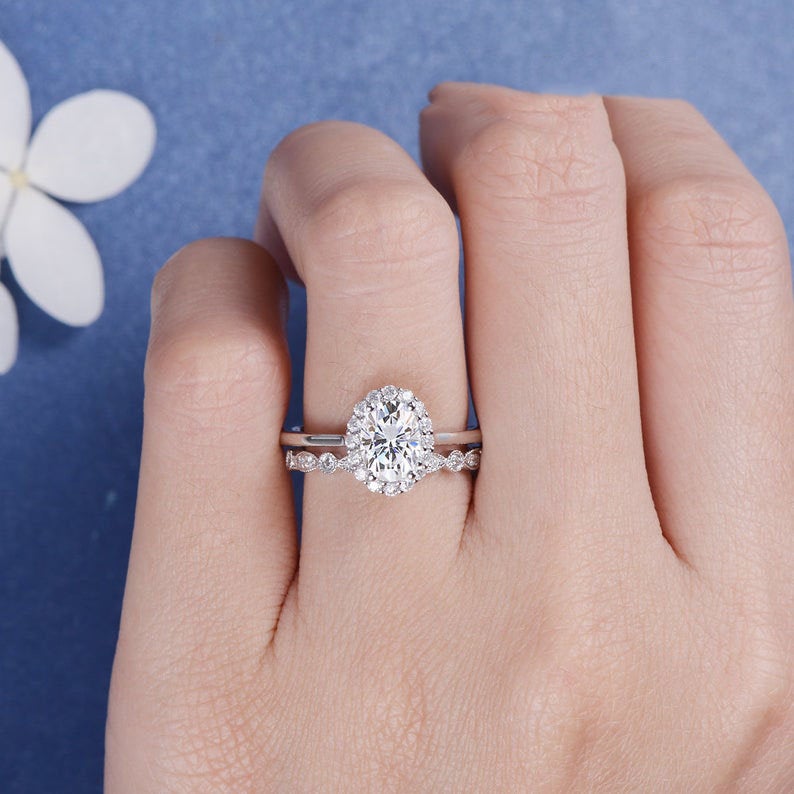 2 CT Oval Cut White Diamond White Gold Over On 925 Sterling Silver Halo Wedding Bridal Ring Set