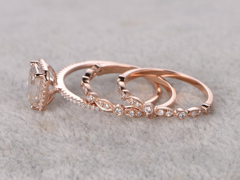 1 CT Emerald Cut Diamond Rose Gold Over On 925 Sterling Silver Engagement Trio Ring Set