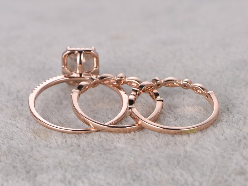 1 CT Emerald Cut Diamond Rose Gold Over On 925 Sterling Silver Engagement Trio Ring Set