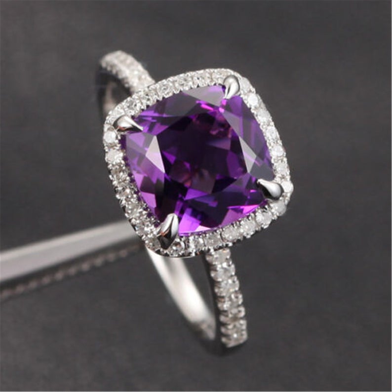 2 CT Cushion Cut Amethyst Diamond 925 Sterling Silver Halo Anniversary Ring - atjewels.in
