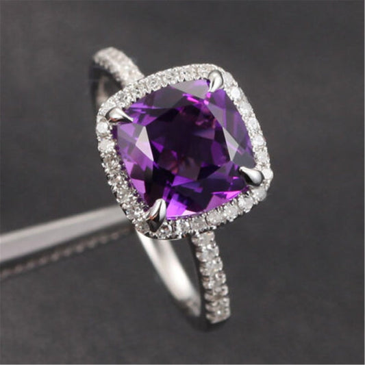 2 CT Cushion Cut Amethyst Diamond 925 Sterling Silver Halo Anniversary Ring - atjewels.in