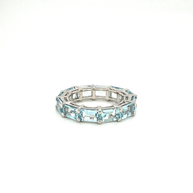 1 CT Emerald Cut Aquamarine Diamond 925 Sterling Silver Full Eternity Wedding Band Ring