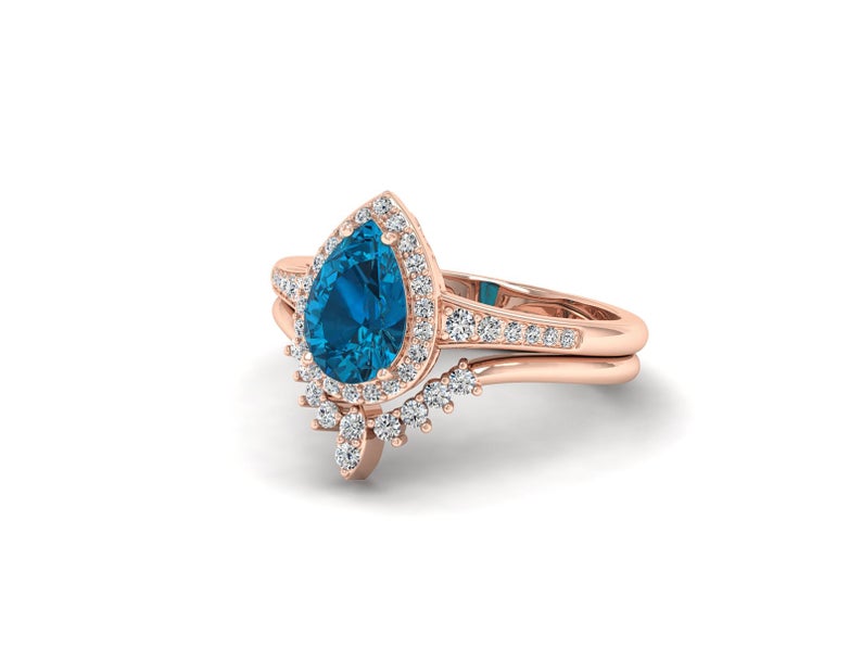 1 CT Pear Cut London Blue Topaz Diamond Rose Gold Over On 925 Sterling Silver Bridal Ring Set