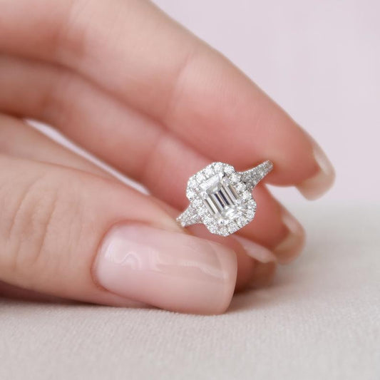 1.00 CT Emerald Cut Diamond 925 Sterling Silver Halo Engagement Ring