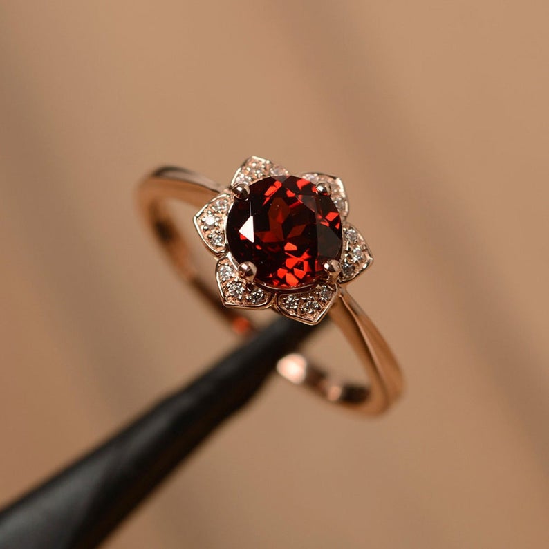 1.75 Ct Round Cut Red Garnet Rose Gold Over On 925 Sterling Silver Floral Engagement Ring