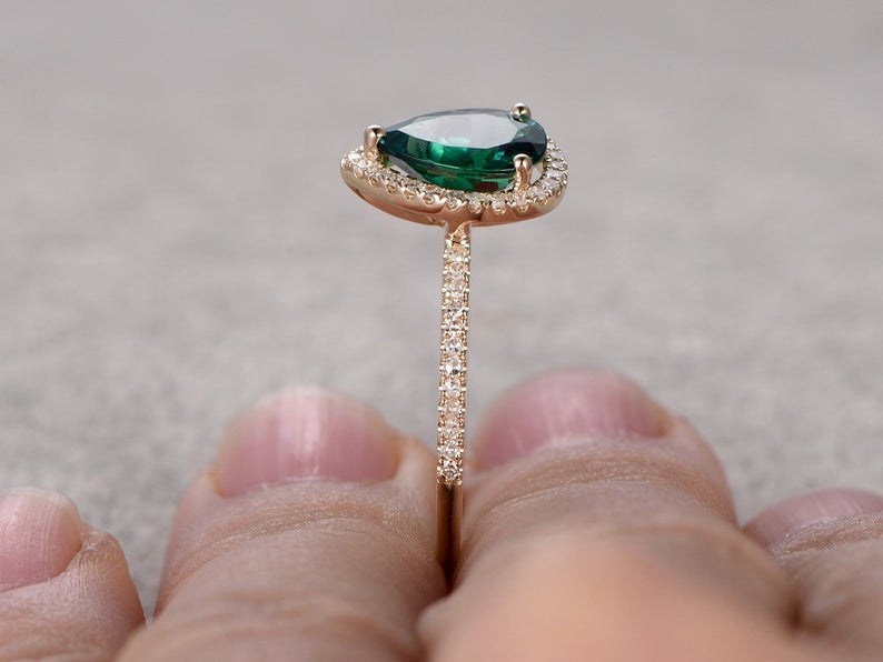 2.10 Ct Pear Cut Green Emerald Yellow Gold Over On 925 Sterling Silver Halo Anniversary Ring