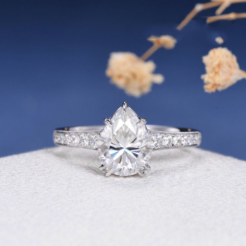 1 CT Pear Cut White Diamond 925 Sterling Silver Solitaire With Accents Ring