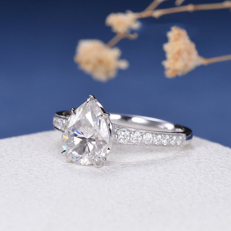 1 CT Pear Cut White Diamond 925 Sterling Silver Solitaire With Accents Ring