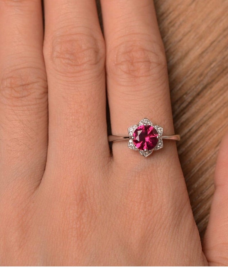 1.50 Ct Round Cut Red Ruby 925 Sterling Silver Floral Engagement Wedding Ring For Her
