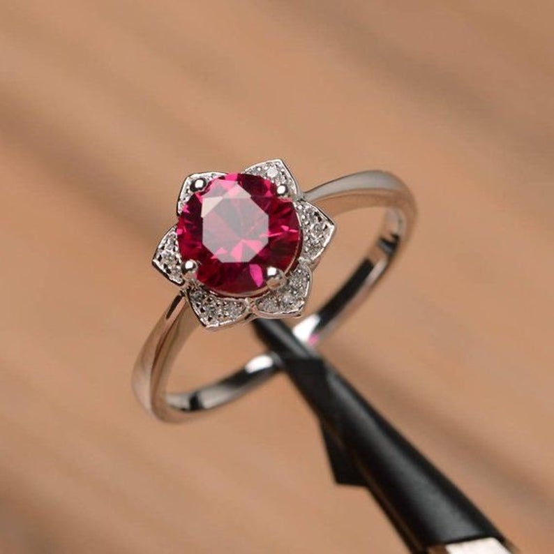 1.50 Ct Round Cut Red Ruby 925 Sterling Silver Floral Engagement Wedding Ring For Her