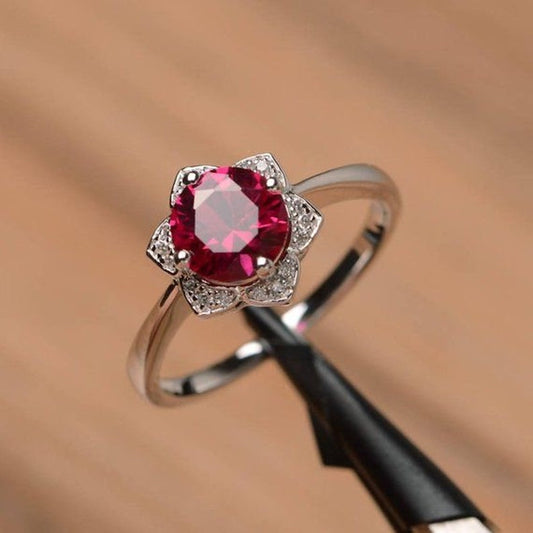 1.50 Ct Round Cut Red Ruby 925 Sterling Silver Floral Engagement Wedding Ring For Her