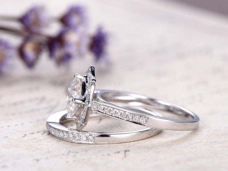 1 CT Cushion Cut Diamond White Gold Over On 925 Sterling Silver Halo Bridal Ring Set