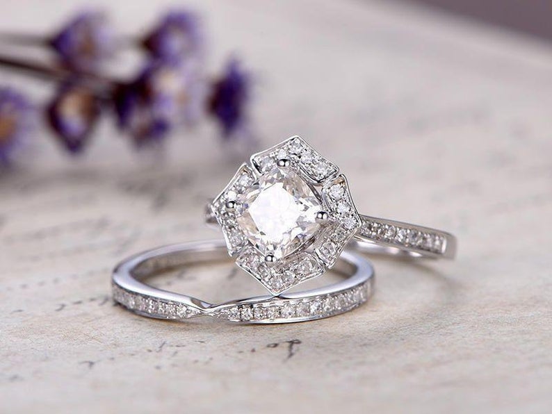 1 CT Cushion Cut Diamond White Gold Over On 925 Sterling Silver Halo Bridal Ring Set