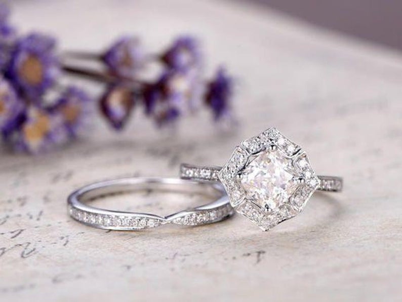 1 CT Cushion Cut Diamond White Gold Over On 925 Sterling Silver Halo Bridal Ring Set