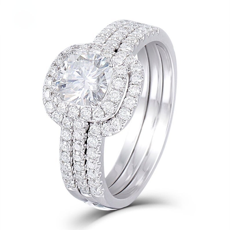 2 CT Cushion Cut White Diamond White Gold Over On 925 Sterling Silver Halo Wedding Bridal Ring Set - atjewels.in