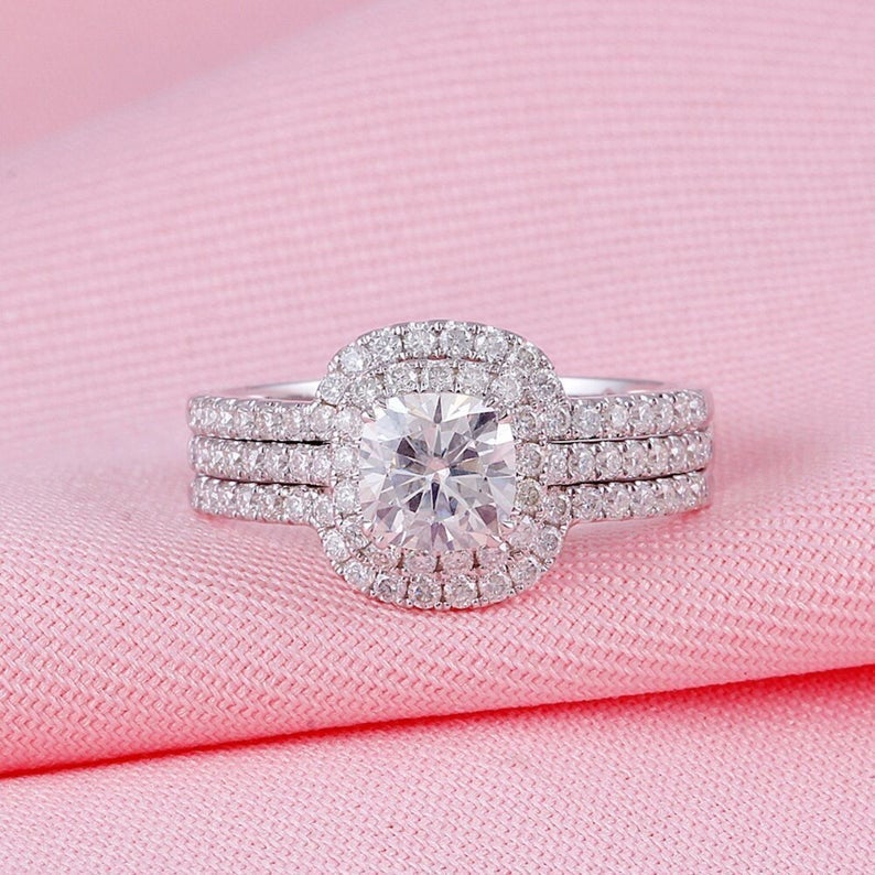 2 CT Cushion Cut White Diamond White Gold Over On 925 Sterling Silver Halo Wedding Bridal Ring Set