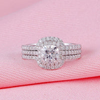 2 CT Cushion Cut White Diamond White Gold Over On 925 Sterling Silver Halo Wedding Bridal Ring Set
