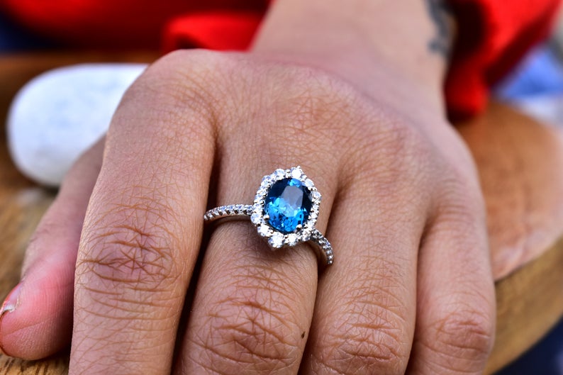 1 CT Oval Cut London Blue Topaz Diamond White Gold Over On 925 Sterling Silver Halo Anniversary Ring For Her
