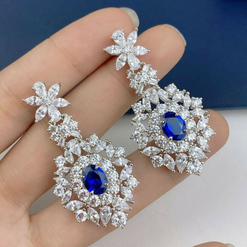 3.50 Ct Oval cut Blue Sapphire & Multi Shape CZ Engagement Dangle Earrings In 925 Sterling Silver