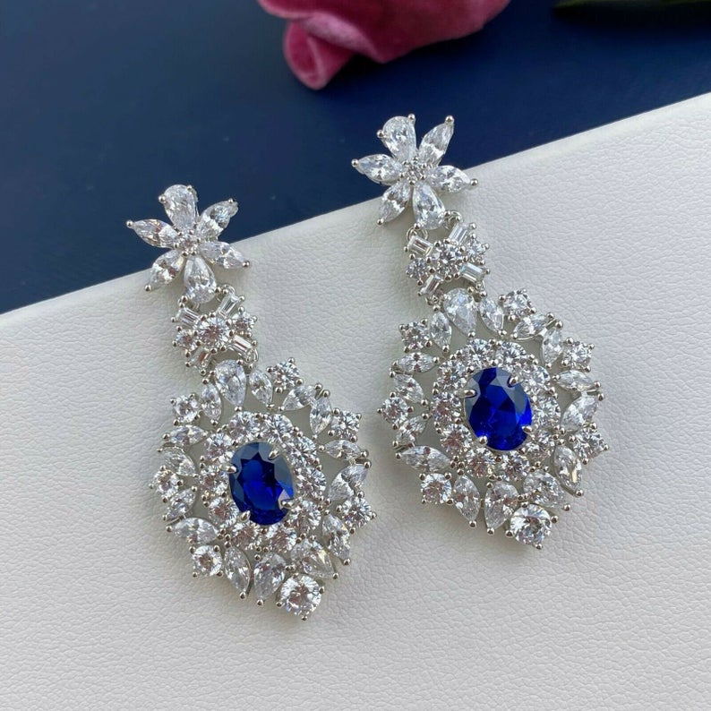 3.50 Ct Oval cut Blue Sapphire & Multi Shape CZ Engagement Dangle Earrings In 925 Sterling Silver