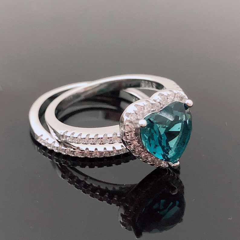 1 CT Heart Cut Blue Topaz Diamond 925 Sterling Silver Halo Promise Ring