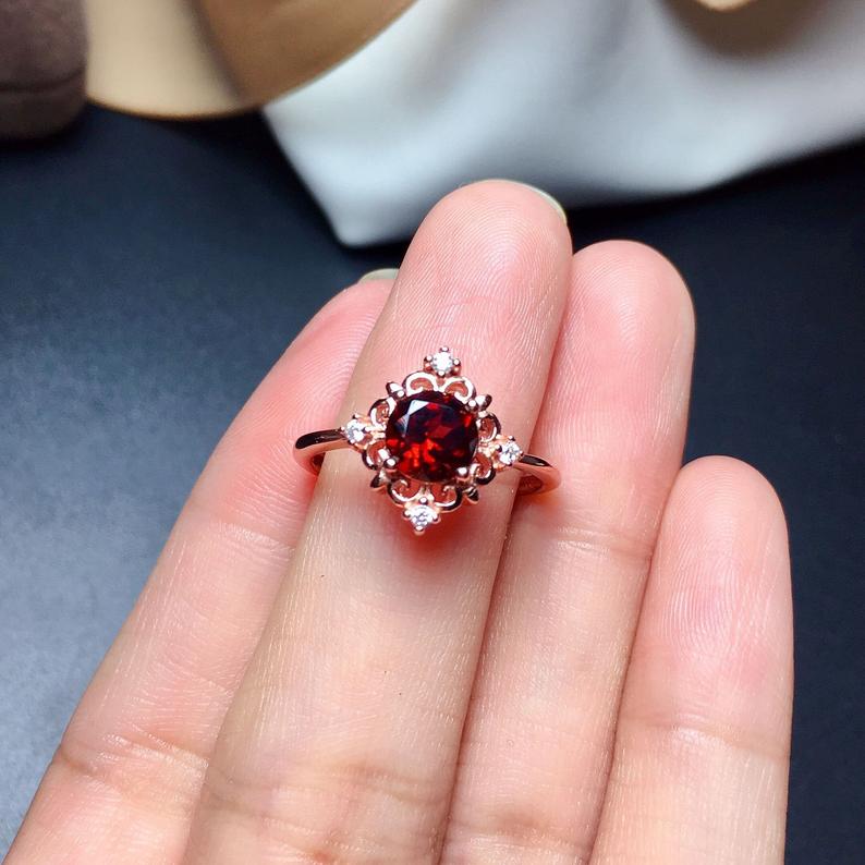 1 Ct Round Cut Red Garnet Vintage Engagement Ring Rose Gold Over On 925 Sterling Silver