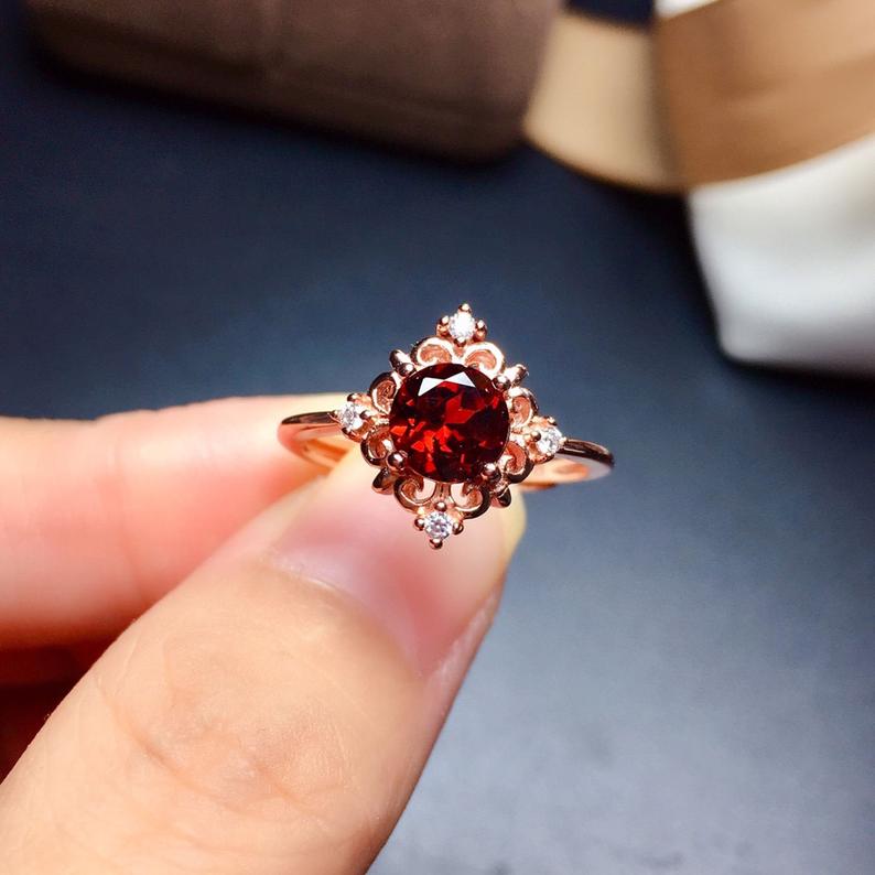 1 Ct Round Cut Red Garnet Vintage Engagement Ring Rose Gold Over On 925 Sterling Silver