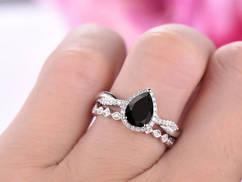 CT Pear Cut Black Diamond Infinity Promise Band Ring Set In 925  Sterling Silver