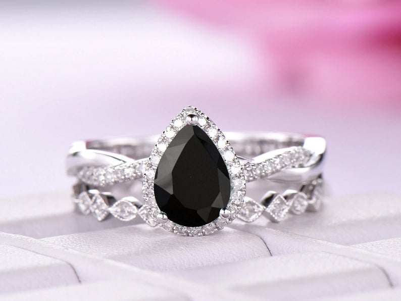 2.75 CT Pear Cut Black Diamond Infinity Promise Band Ring Set In 925 Sterling Silver