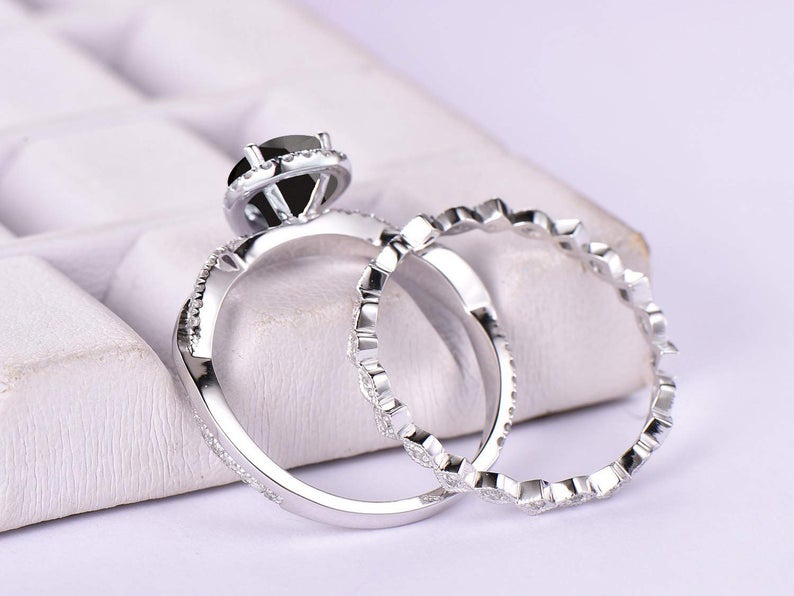 2.75 CT Pear Cut Black Diamond Infinity Promise Band Ring Set In 925 Sterling Silver