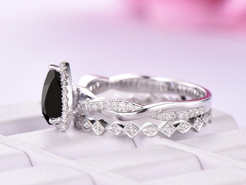 2.75 CT Pear Cut Black Diamond Infinity Promise Band Ring Set In 925 Sterling Silver