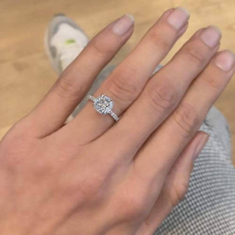 1 CT Cushion Cut Diamond White Gold Over On 925 Sterling Silver Solitaire With Accents Ring