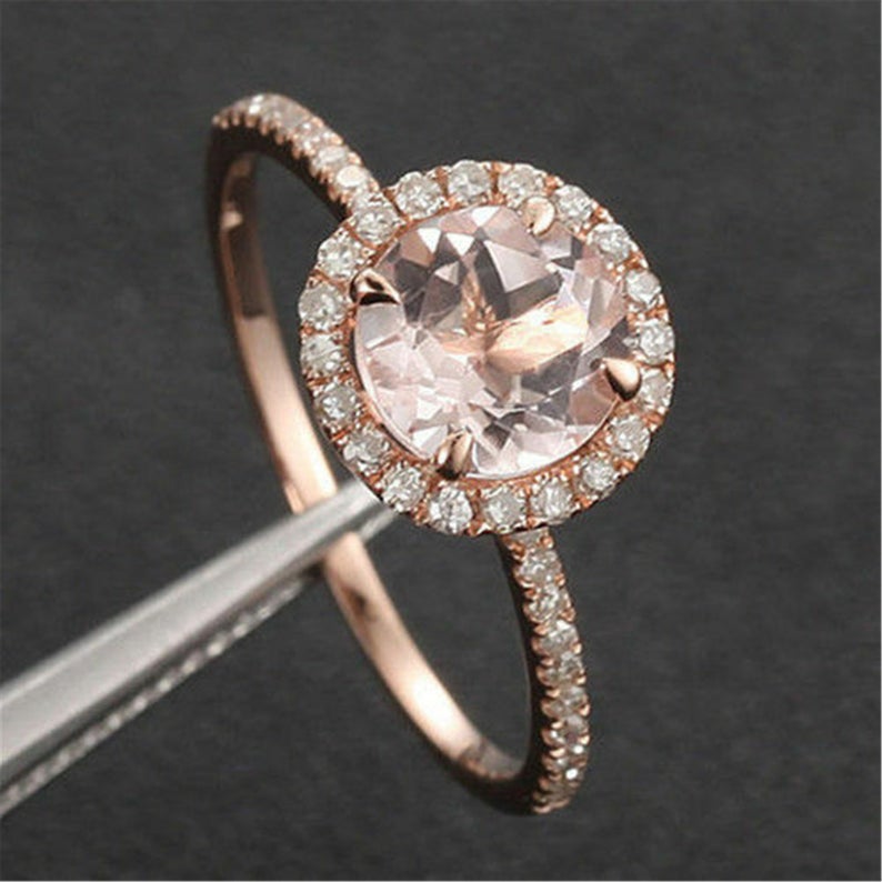 1.17 CT Round Cut Morganite Diamond 925 Sterling Silver Halo Wedding Bridal Ring Set
