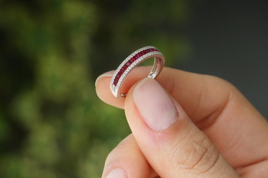 1.20 Ct Princess Cut Red Ruby 925 Sterling Silver Half Eternity Engagement Band Ring