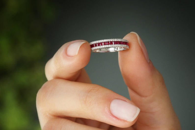 1.20 Ct Princess Cut Red Ruby 925 Sterling Silver Half Eternity Engagement Band Ring